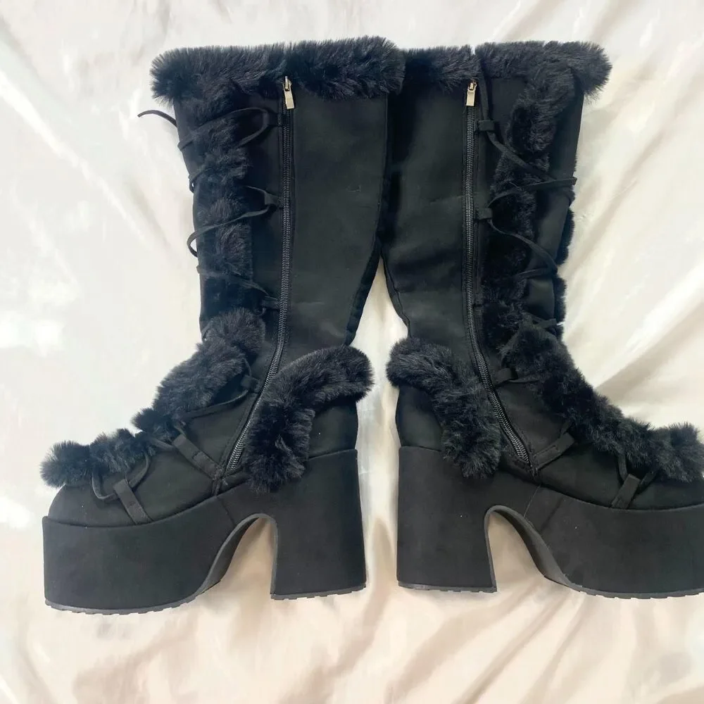 Stacked Platform Black Faux Suede Faux Fur Chunky Lace Up Destroyer Boots US 9